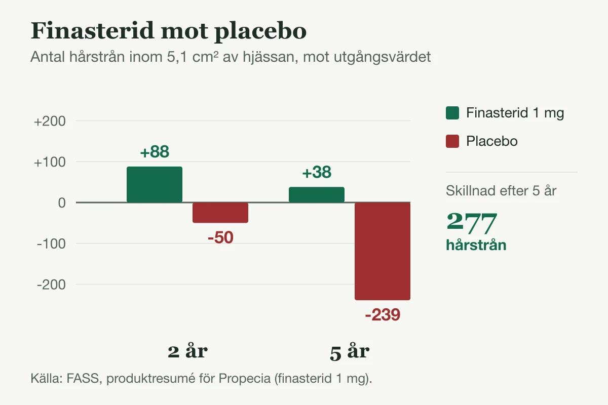 Stapeldiagram över förändring i antal hårstrån vid finasterid 1 mg jämfört med placebo efter 2 och 5 år