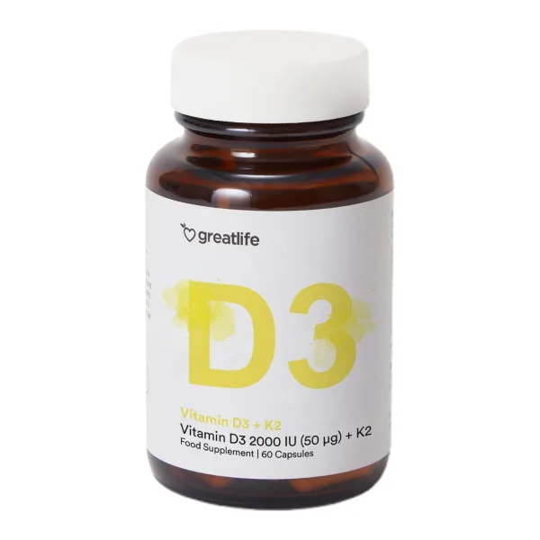 Greatlife Vitamin D3 2000 IU + K2 MK7, 60 kapslar, förpackning