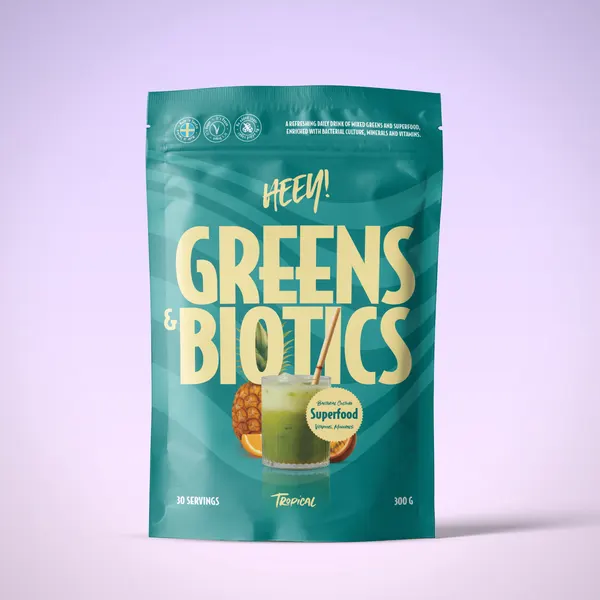 Heey! Greens & Biotics Superfood + Probiotics, förpackning